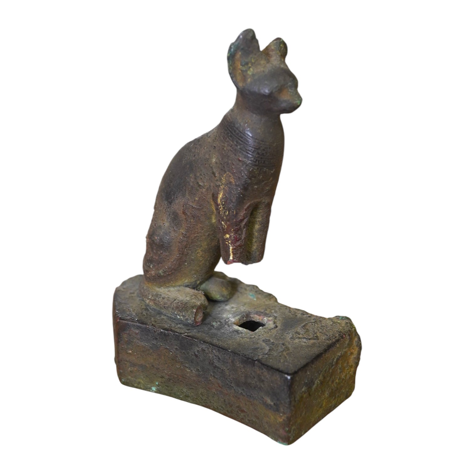 An Ancient bronze Egyptian cat, on separate base, 11.5cm in height. Condition - antique condition